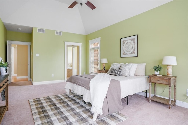 7 Buckhide Rd, Windham, NH 03087 - bedroom with light carpet, baseboards, high vaulted ceiling, a ceiling fan, and connected bathroom