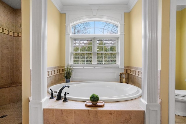 7 Buckhide Rd, Windham, NH 03087 - bathroom with a garden tub, toilet, tiled shower, healthy amount of natural light, and ornamental molding