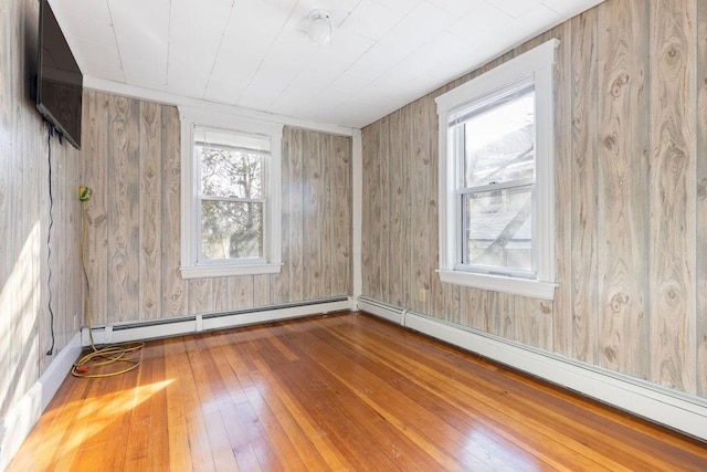 spare room with hardwood / wood-style floors, wood walls, and baseboard heating