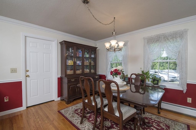 769 Federal St, Belchertown, MA 01007 - dining room featuring a chandelier, plenty of natural light, a baseboard radiator, crown molding, and light wood-style floors