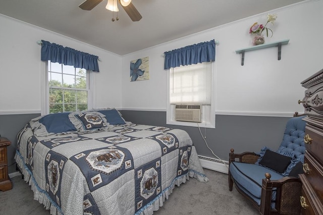 769 Federal St, Belchertown, MA 01007 - carpeted bedroom featuring baseboard heating, cooling unit, ornamental molding, and a ceiling fan