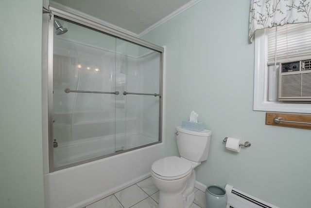 769 Federal St, Belchertown, MA 01007 - bathroom with baseboard heating, ornamental molding, and shower / bath combination with glass door