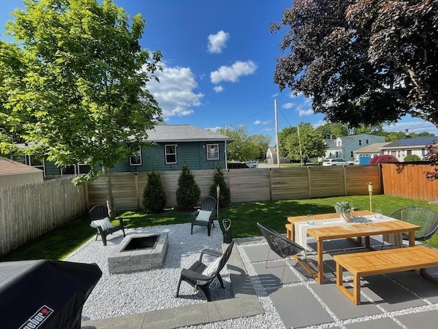 view of patio featuring a fire pit and a fenced backyard
