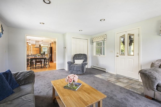 2 Harding Rd, Medway, MA 02053 - living area with a baseboard radiator, carpet flooring, and recessed lighting
