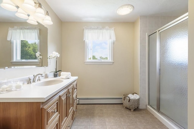 2 Harding Rd, Medway, MA 02053 - full bath featuring a baseboard heating unit, vanity, a stall shower, and tile patterned flooring