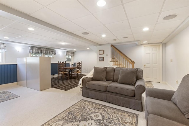 2 Harding Rd, Medway, MA 02053 - living room with stairs, recessed lighting, a wainscoted wall, and a drop ceiling