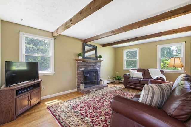 2 Harding Rd, Medway, MA 02053 - living room featuring light wood-style floors, a fireplace, beamed ceiling, and a baseboard radiator