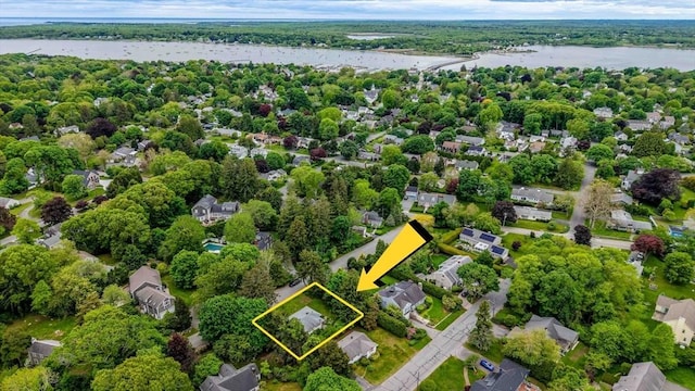 16 Stoneledge Rd, Dartmouth, MA 02748 - aerial perspective of suburban area featuring a large body of water and property parcel outlined
