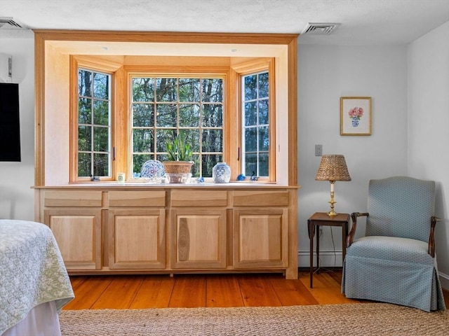 interior space featuring a baseboard heating unit, visible vents, and light wood-type flooring