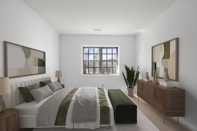 bedroom featuring carpet floors, baseboards, visible vents, and ornamental molding