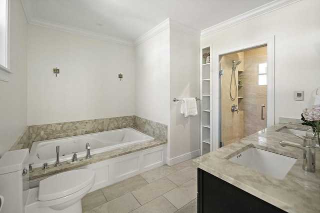 full bath featuring toilet, a shower stall, a bath, crown molding, and double vanity