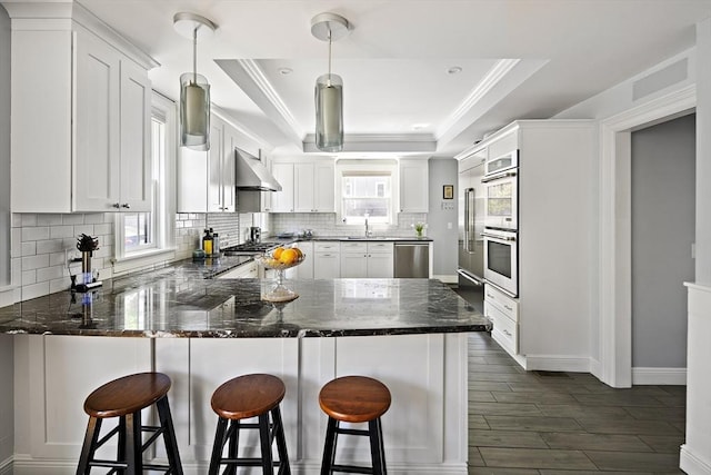 kitchen featuring wall chimney range hood, a raised ceiling, appliances with stainless steel finishes, tasteful backsplash, and a sink