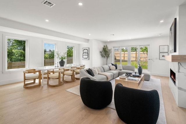 31 Evergreen St Unit 2, Boston, MA 02130 - living room with plenty of natural light, a premium fireplace, light wood-style floors, and recessed lighting