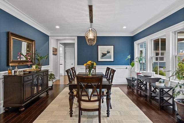14 Reiling Pond Rd, Lincoln, MA 01773 - dining room with dark wood-style floors, ornamental molding, recessed lighting, a wainscoted wall, and a chandelier