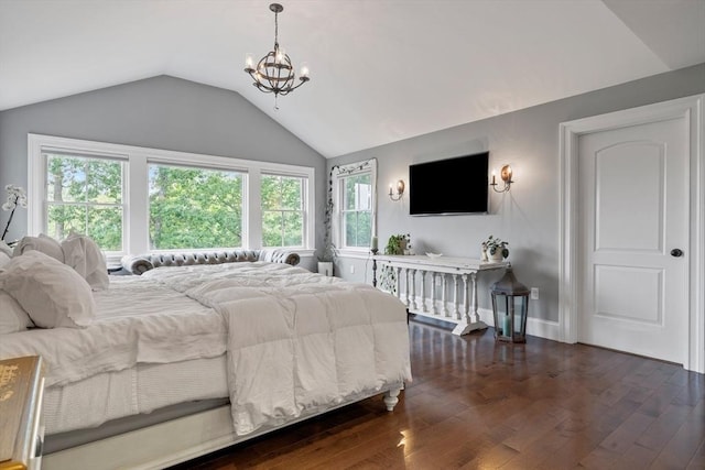 14 Reiling Pond Rd, Lincoln, MA 01773 - bedroom featuring dark wood-style floors, vaulted ceiling, and a chandelier