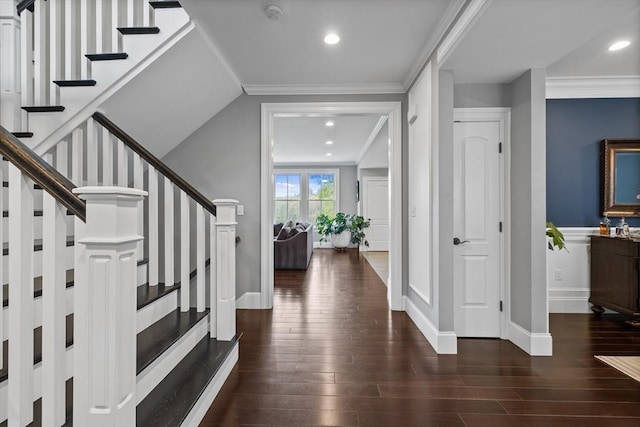 14 Reiling Pond Rd, Lincoln, MA 01773 - entryway with wood finished floors, crown molding, stairs, and recessed lighting