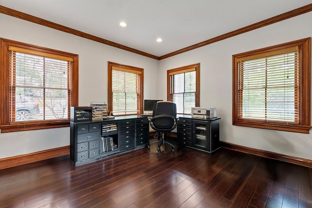 14 Reiling Pond Rd, Lincoln, MA 01773 - office featuring dark wood finished floors, crown molding, and recessed lighting