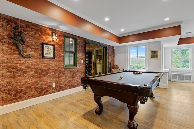 14 Reiling Pond Rd, Lincoln, MA 01773 - rec room with ornamental molding, billiards table, light wood-type flooring, brick wall, and recessed lighting