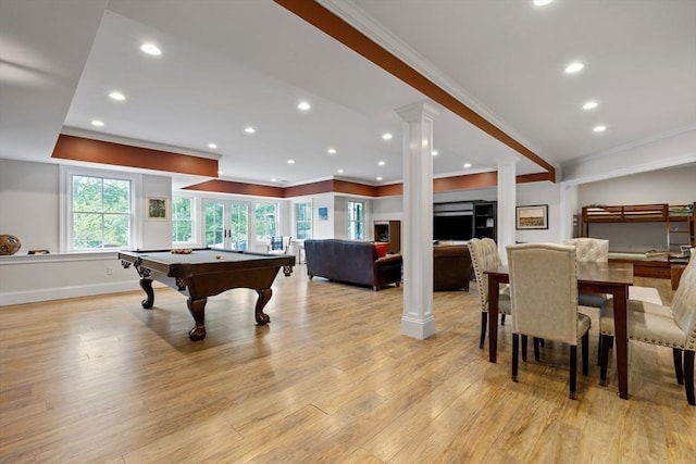 14 Reiling Pond Rd, Lincoln, MA 01773 - rec room featuring crown molding, decorative columns, billiards table, light wood-style floors, and recessed lighting
