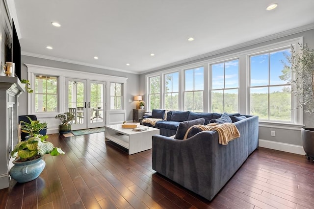 14 Reiling Pond Rd, Lincoln, MA 01773 - living room featuring ornamental molding, french doors, dark wood-style flooring, and recessed lighting
