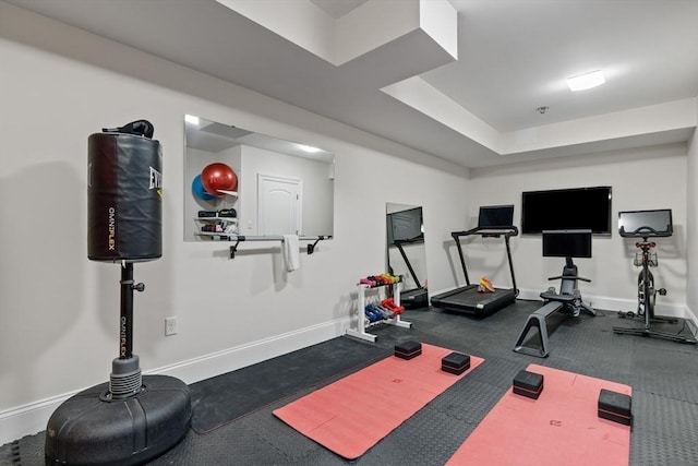 14 Reiling Pond Rd, Lincoln, MA 01773 - exercise area featuring baseboards and a tray ceiling
