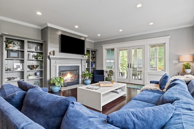 14 Reiling Pond Rd, Lincoln, MA 01773 - living area featuring french doors, a glass covered fireplace, dark wood-type flooring, recessed lighting, and crown molding