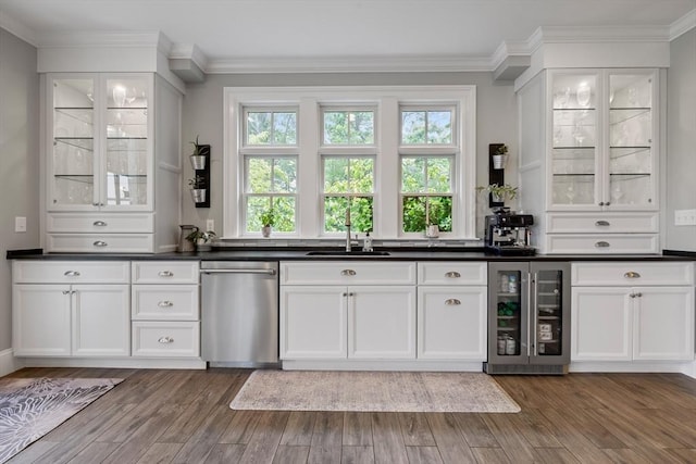 14 Reiling Pond Rd, Lincoln, MA 01773 - bar area with dishwasher, wine cooler, dark wood-style floors, and crown molding