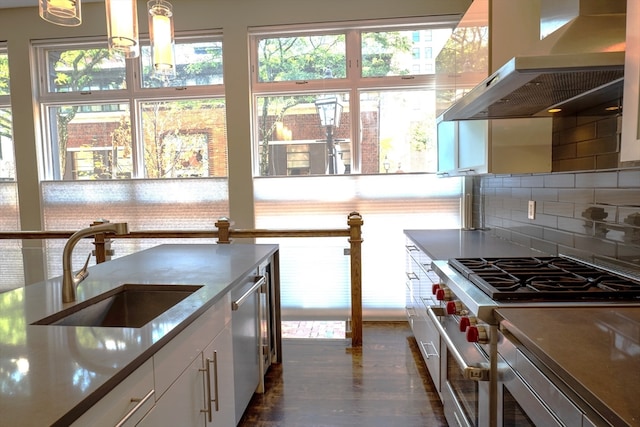 kitchen with plenty of natural light, sink, white cabinets, wall chimney range hood, and appliances with stainless steel finishes