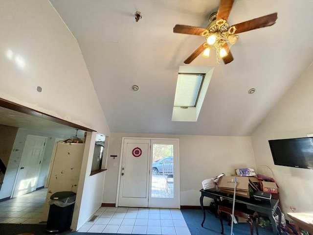 48 Grove, Plympton, MA 02367 - foyer entrance with lofted ceiling, light tile patterned flooring, ceiling fan, and baseboards