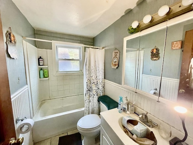 48 Grove, Plympton, MA 02367 - bathroom with toilet, shower / bath combo, a wainscoted wall, vanity, and tile patterned flooring