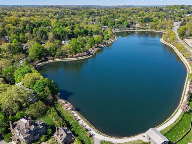 bird's eye view with a water view and a forest view