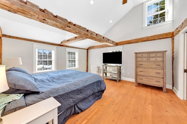 bedroom featuring ceiling fan, high vaulted ceiling, light wood-type flooring, and baseboards