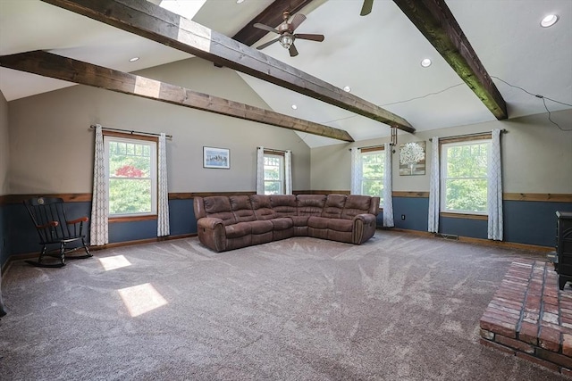 5 Windsor Rd, Lynnfield, MA 01940 - carpeted living area featuring recessed lighting, a ceiling fan, and a wood stove