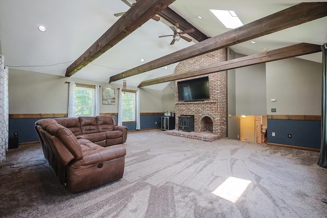 5 Windsor Rd, Lynnfield, MA 01940 - carpeted living room with a brick fireplace, ceiling fan, wainscoting, and recessed lighting