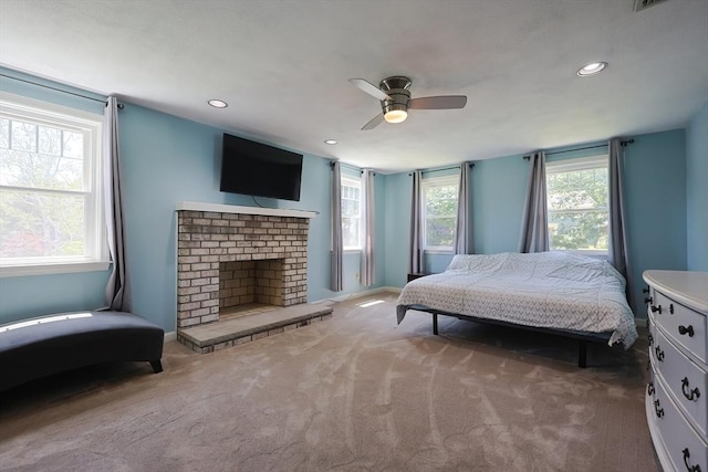 5 Windsor Rd, Lynnfield, MA 01940 - bedroom featuring carpet flooring, recessed lighting, a ceiling fan, and a fireplace with raised hearth
