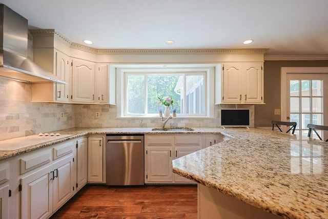 5 Windsor Rd, Lynnfield, MA 01940 - kitchen with stainless steel dishwasher, wall chimney range hood, white stovetop, crown molding, and dark wood-type flooring