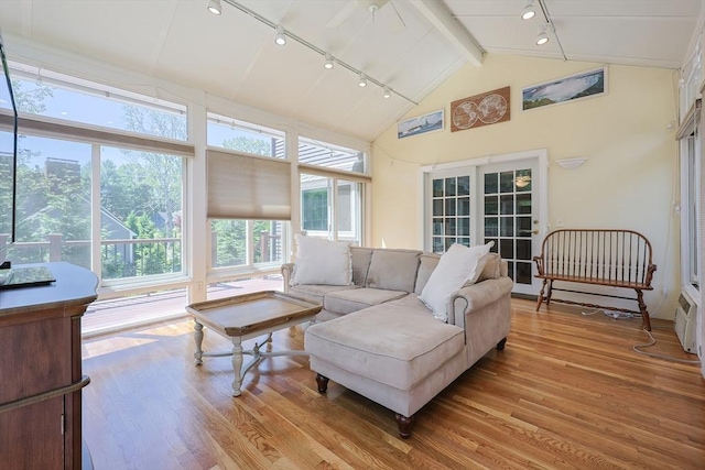 5 Windsor Rd, Lynnfield, MA 01940 - sunroom / solarium with rail lighting, wood finished floors, healthy amount of natural light, beamed ceiling, and high vaulted ceiling