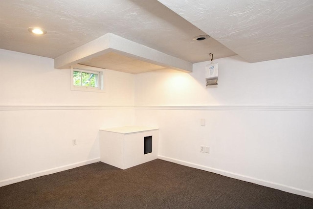 12 Beverly Cir, Randolph, MA 02368 - basement with a textured ceiling, dark colored carpet, baseboards, and recessed lighting