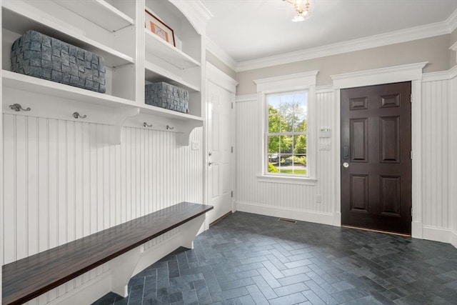 27 Covered Bridge Ln, Wayland, MA 01778 - mudroom with brick patterned floors, crown molding, and baseboards