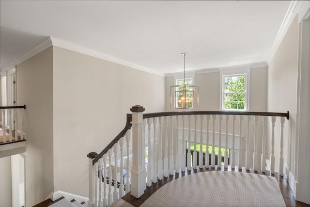 27 Covered Bridge Ln, Wayland, MA 01778 - stairs with baseboards, crown molding, and a chandelier