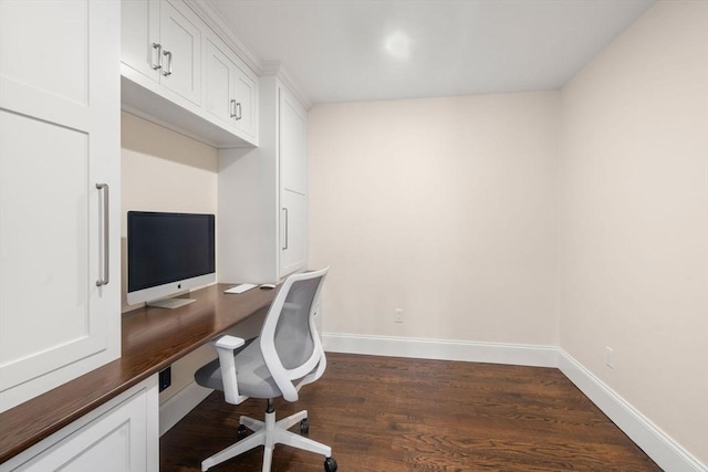 27 Covered Bridge Ln, Wayland, MA 01778 - office area featuring dark wood-style floors, baseboards, and built in study area