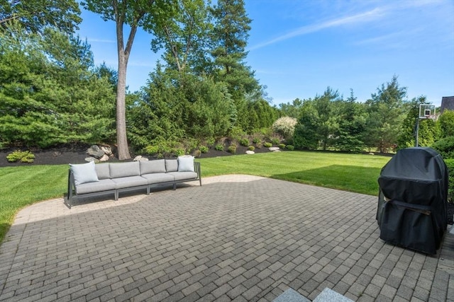 27 Covered Bridge Ln, Wayland, MA 01778 - view of patio with an outdoor living space and a grill