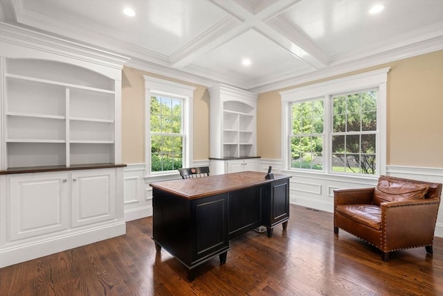 27 Covered Bridge Ln, Wayland, MA 01778 - home office with dark wood-style floors, a wainscoted wall, beam ceiling, and recessed lighting