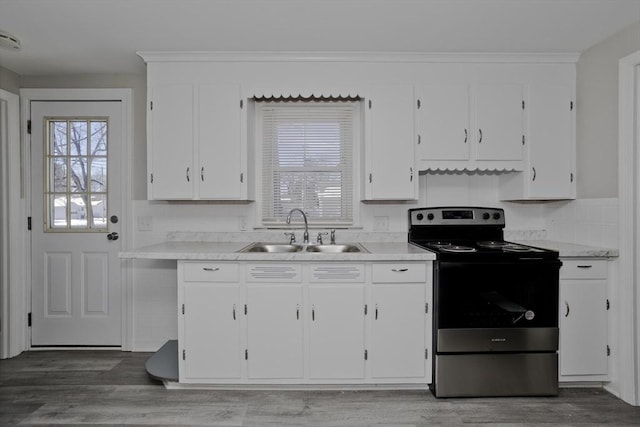 kitchen featuring electric stove, sink, white cabinetry, and wood-type flooring