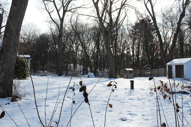 yard covered in snow with a storage unit and fence