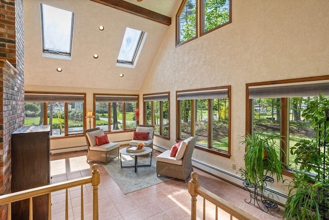 sunroom with high vaulted ceiling, healthy amount of natural light, a skylight, beamed ceiling, and tile patterned flooring