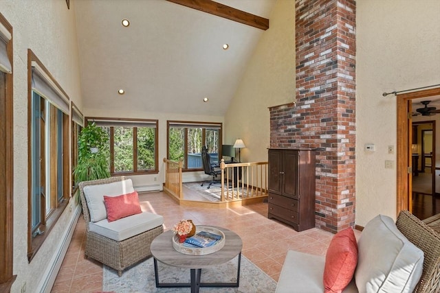 living room with high vaulted ceiling, a baseboard heating unit, beam ceiling, recessed lighting, and light tile patterned flooring