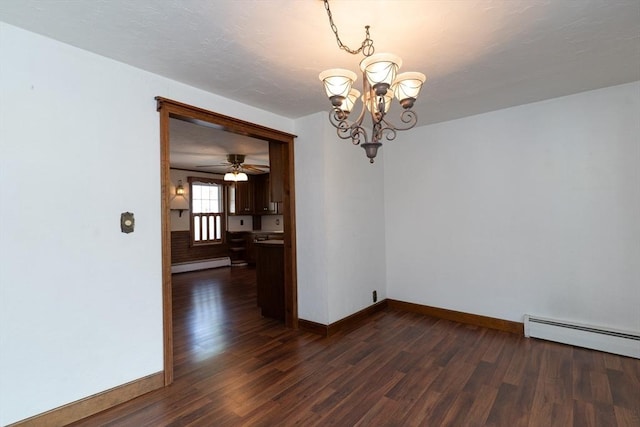 unfurnished room featuring dark wood finished floors, a chandelier, baseboards, and a baseboard heating unit