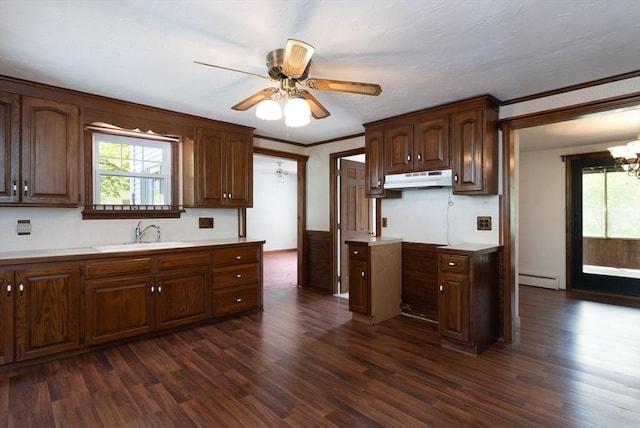 kitchen featuring a sink, under cabinet range hood, dark wood-style floors, ceiling fan, and light countertops