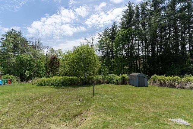 view of grassy yard featuring a shed and an outdoor structure
